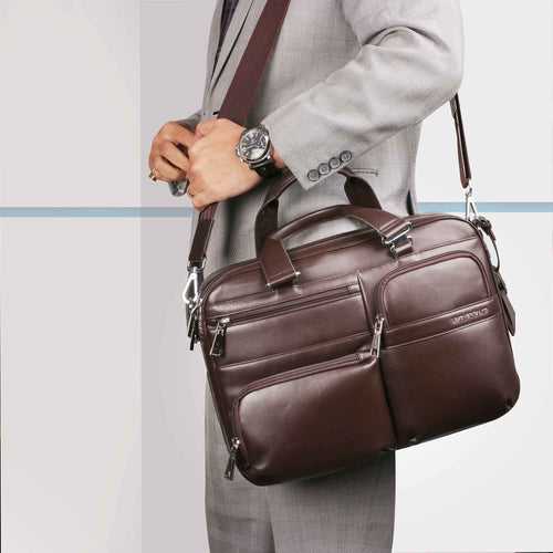 Jacob Leather Laptop Bag | Leather Briefcase For Men | For Office | Colour: Brown | Detachable Shoulder Strap | Trolley Strap Included