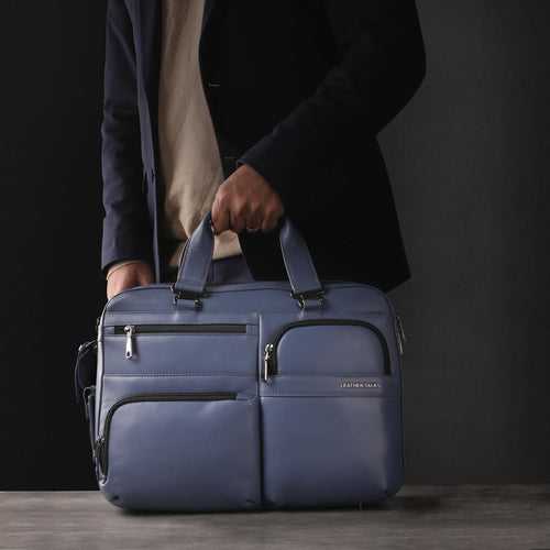 Jacob Leather Laptop Bag | Leather Briefcase For Men | For Office | Colour: Blue | Detachable Shoulder Strap | Trolley Strap Included