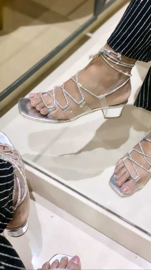 Silver shimmer Lacey transparent heels