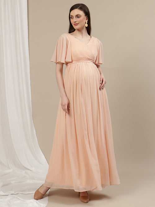 Peach Maternity Pleated Gown