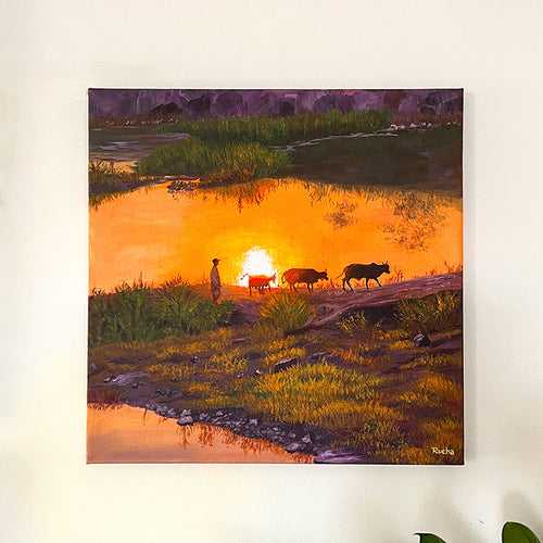 Cattle Grazing Sunset - Painting