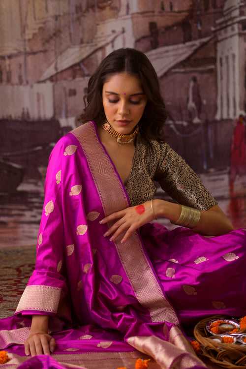 Handloom Purple Katan Silk Banarasi Saree
