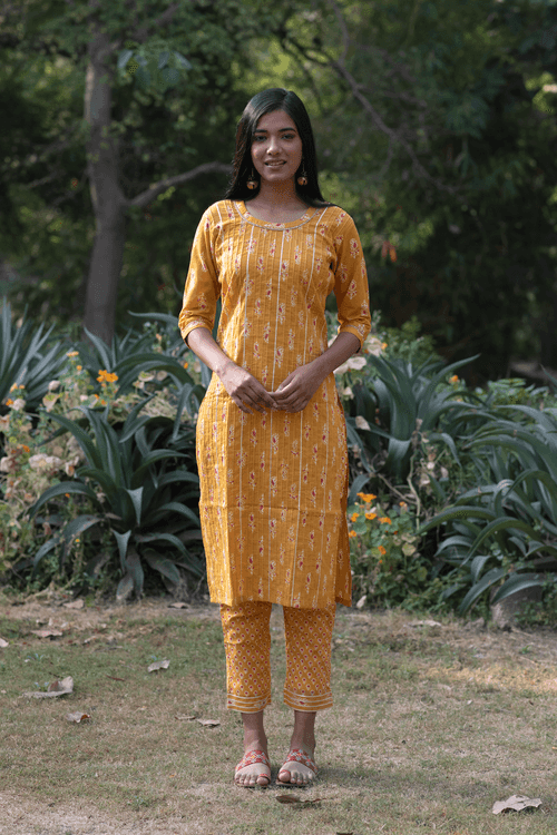 Mustard Cotton Kurti and Pant