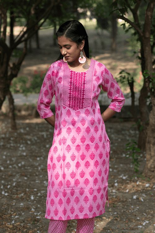 Pink Cotton Kurti with Pant