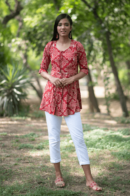 Red Bandhani Printed Tunic