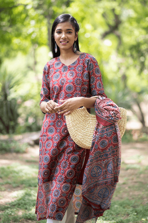 Maroon Chanderi Silk Kurti with Dupatta