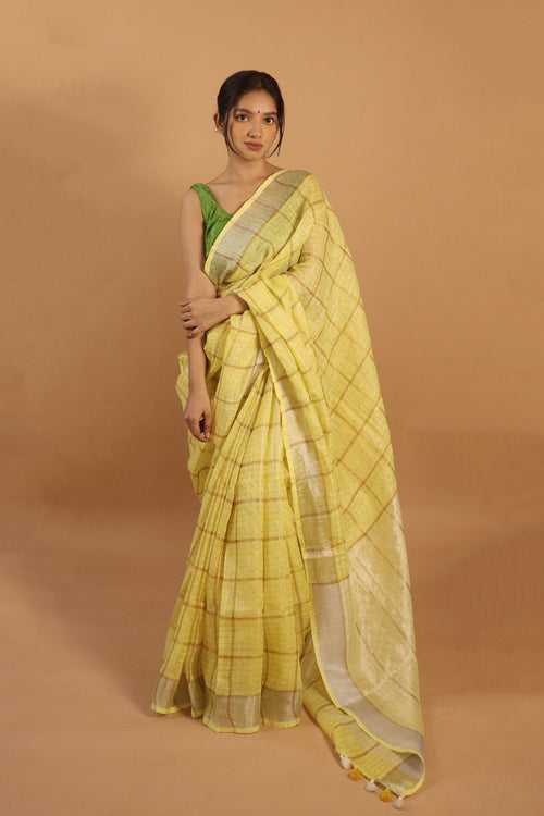 Handwoven Yellow Check Linen Saree