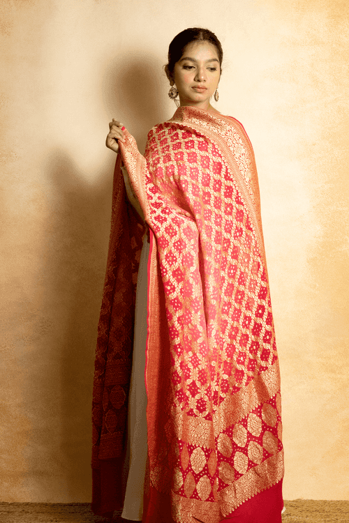 Banarasi-Bandhani Red-Pink Handloom Dupatta