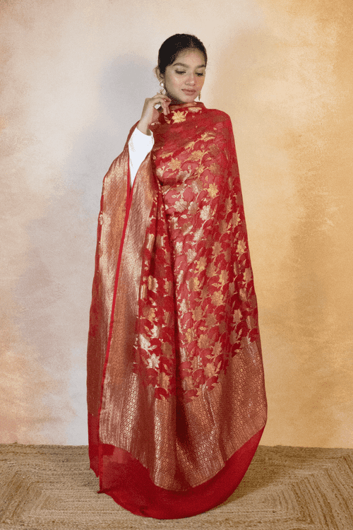 Handwoven Deep Red Banarasi Dupatta