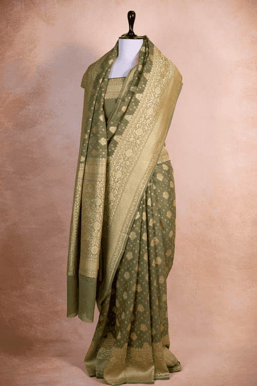 Banarasi Olive Green Khaddi Georgette Saree