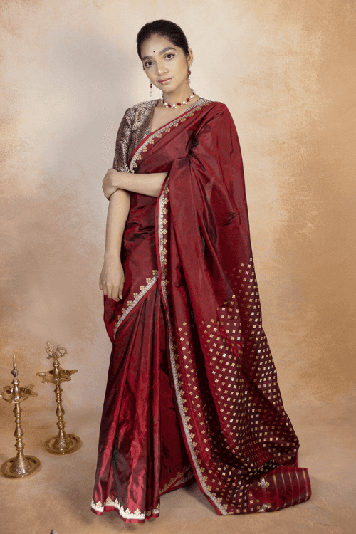 Handwoven Maroon Geometric Katan Silk Banarasi Saree