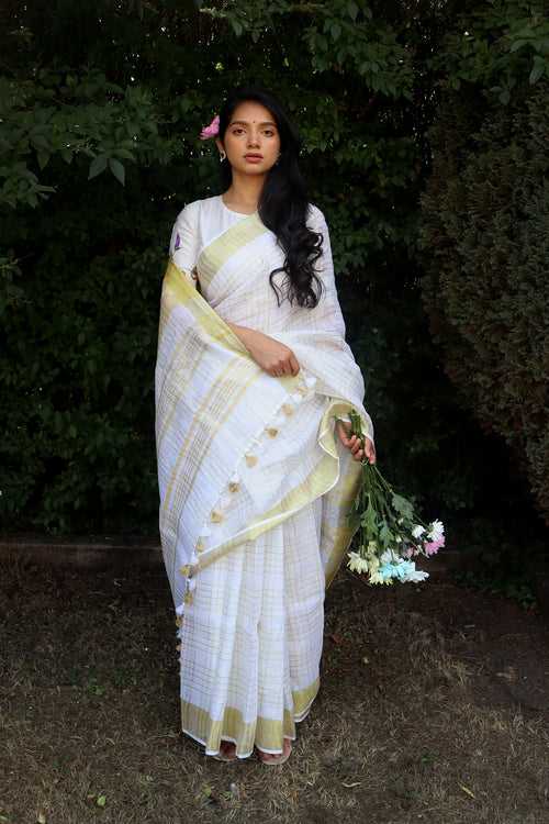 Handwoven White Check Linen Saree