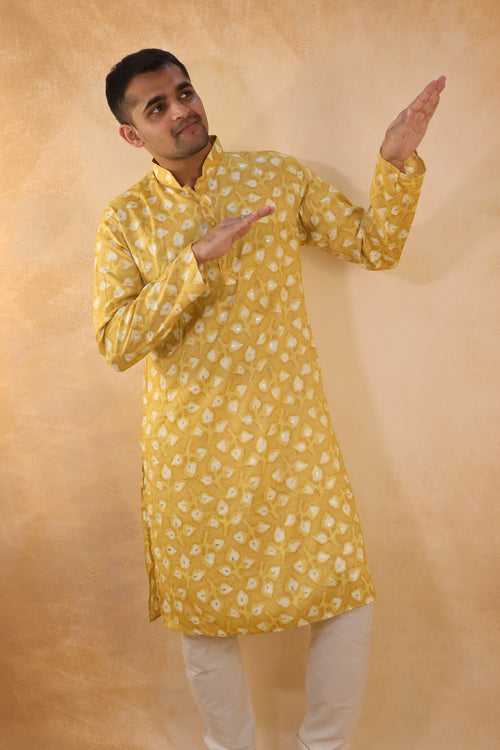 Yellow Leaf Printed Silk by Cotton Kurta