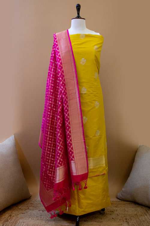 Handwoven Yellow-Pink Pure Katan Silk Banarasi Suit Piece