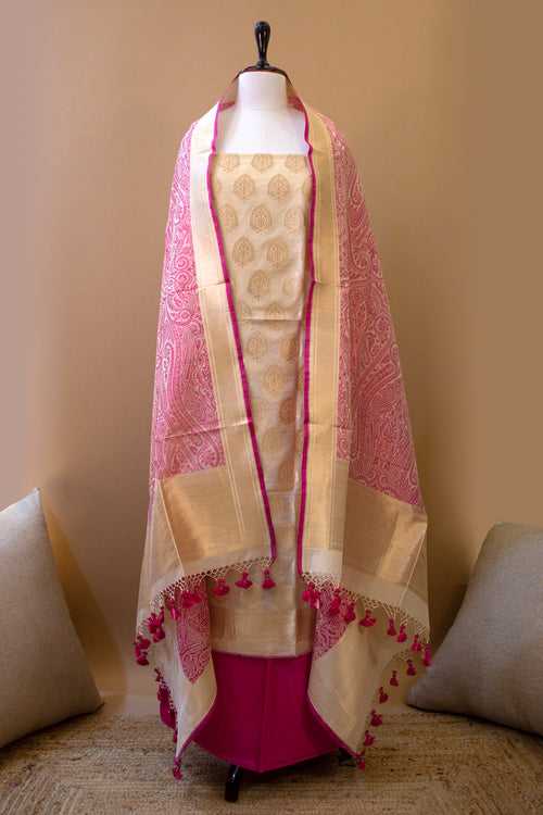 Handwoven Ivory-Pink Katan Silk Banarasi Suit Piece