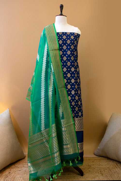 Handwoven Peacock Blue- Green Katan Silk Banarasi Suit Piece