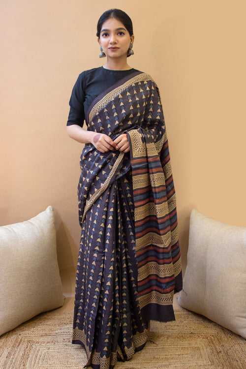 Block Printed Denim Blue Tussar Silk Saree