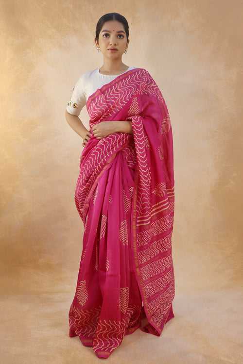 Pink Block Printed Chanderi Silk Saree