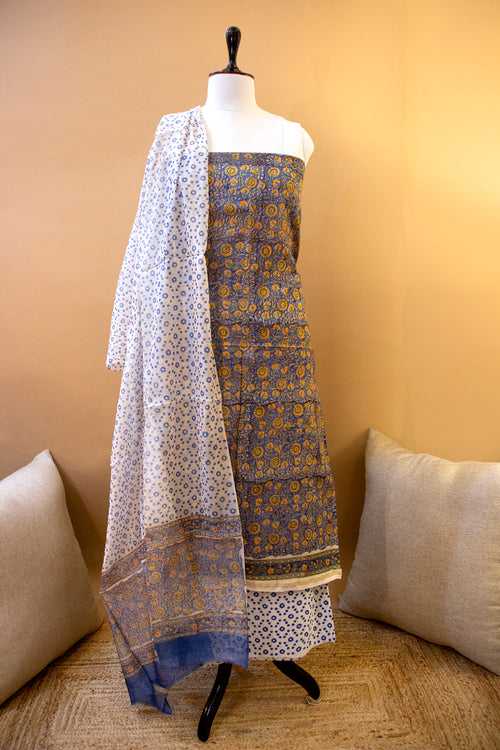 Block Printed Blue-yellow Chanderi Suit Piece