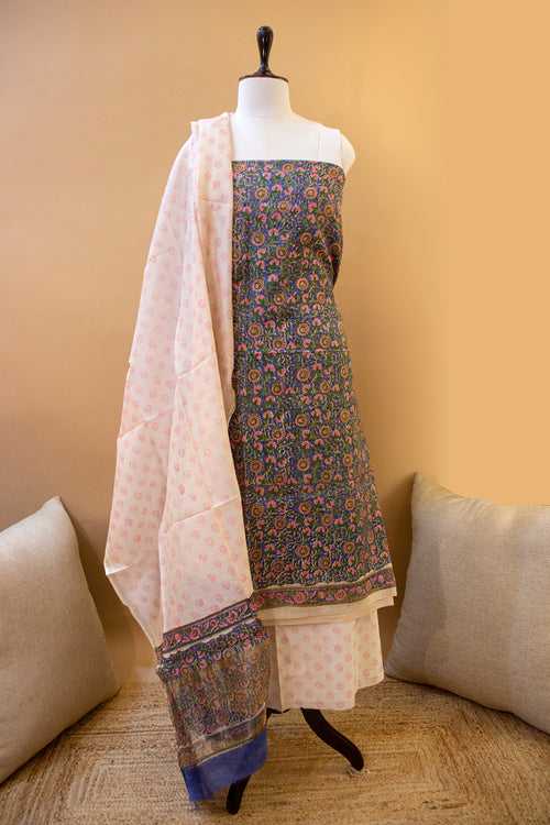 Block Printed Blue-Pink Chanderi Suit piece