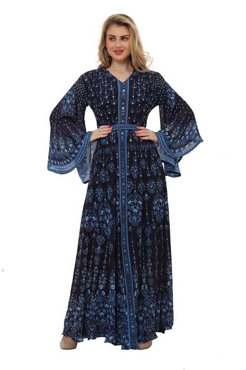 Deep Blue Kaftan Digital Printed Evening Gown