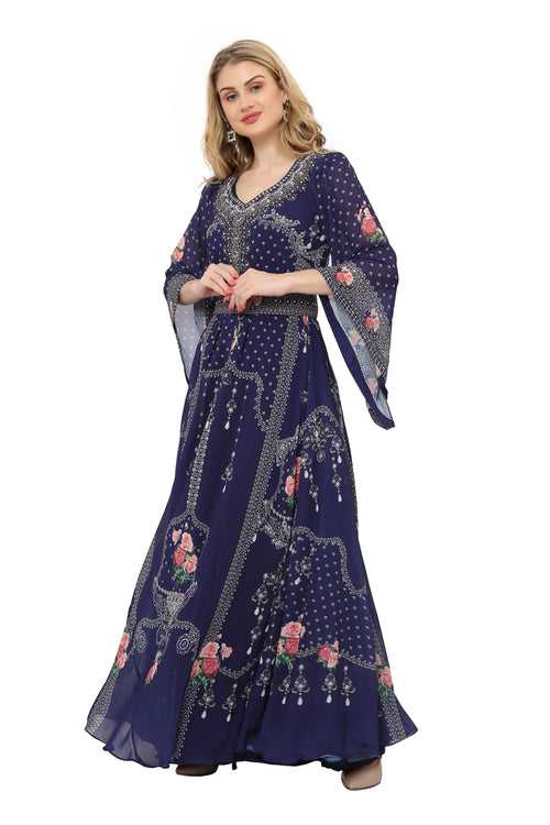 Modest Caftan Navy Blue Party Dress Digital Print Gown
