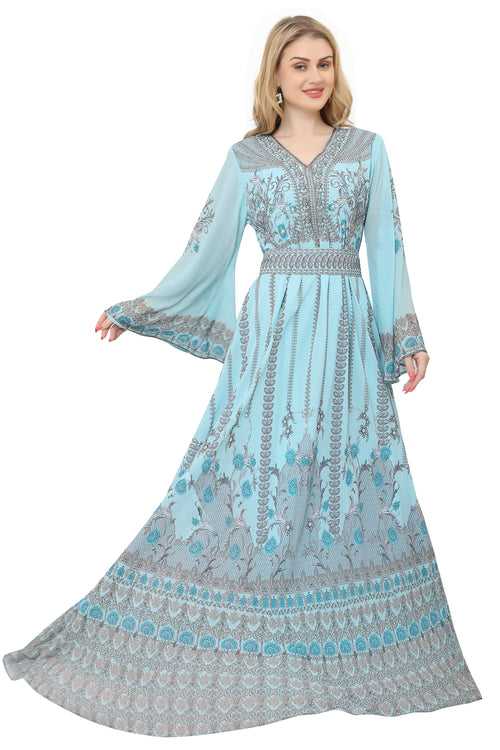 Sea Blue Luxury Kaftan Printed Long Dress For Women