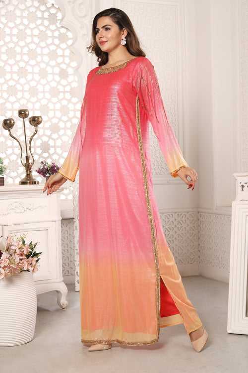 Ombre Pink Kaftan dress with Gold handwork Partywear gown