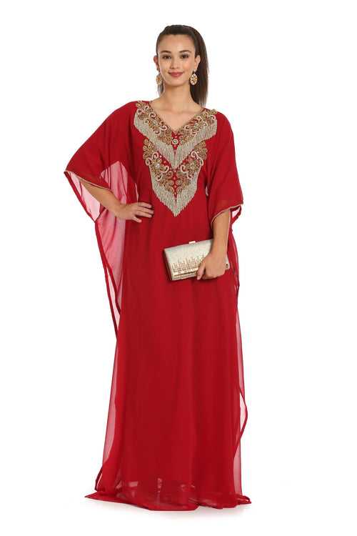Hand Embroidery Kaftan in Red Georgette by Maxim Creation