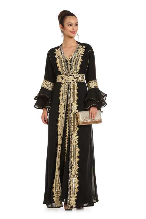 Black Abaya Kaftan Henna Party Dress with Long Bell Sleeve