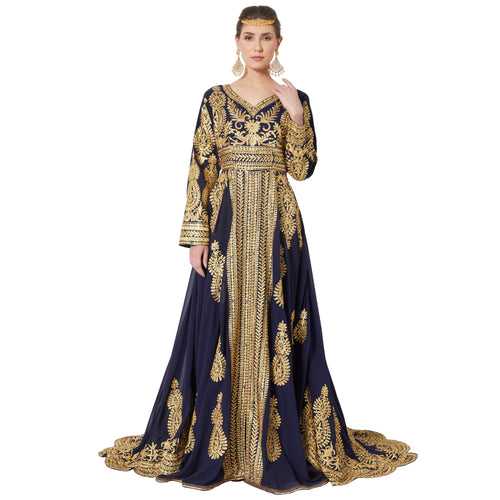 Traditional Embroidery Caftan Bridal Wedding Kaftan Gown With Tail / Train