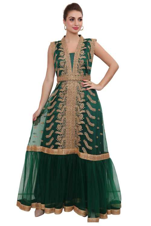 Green Designer Kaftan Bridal Gown Embroidered Dress
