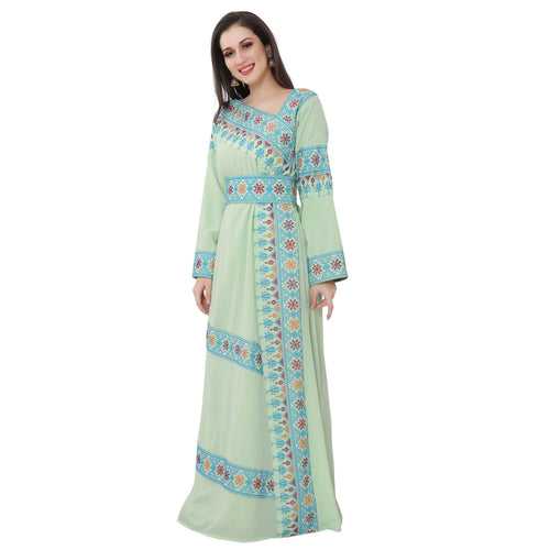 Designer Palestine Thobe Caftan with Colorful Cross Stitch Embroidery