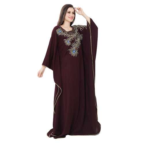 Dubai Farasha Long Robe with Peacock Feather Thread Embroidery