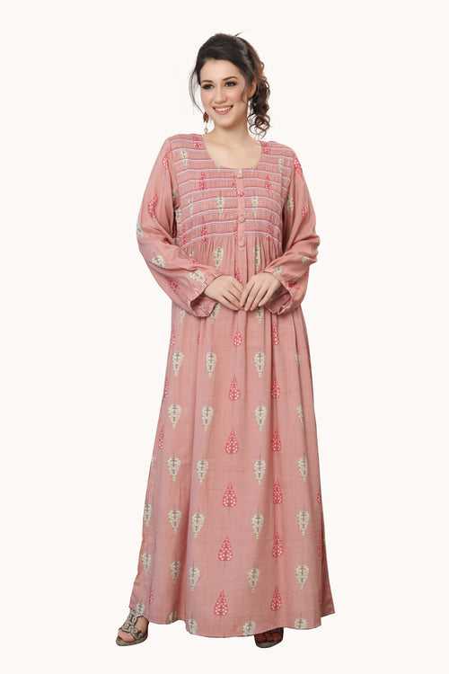 Long Kaftan Gown with Gathering in Pink