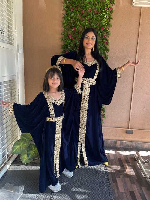 Velvet Jalabiya Kaftan Gown in Mother & Daughter Combo Set
