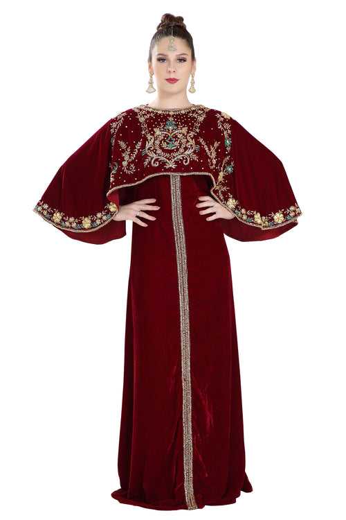 Embroidered Maxi in Maroon Velvet Fabric