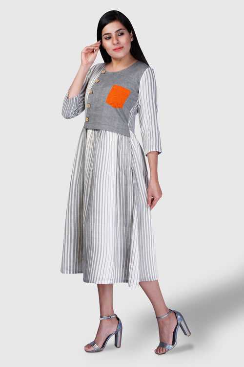 Grey Striped Half Yoked Dress