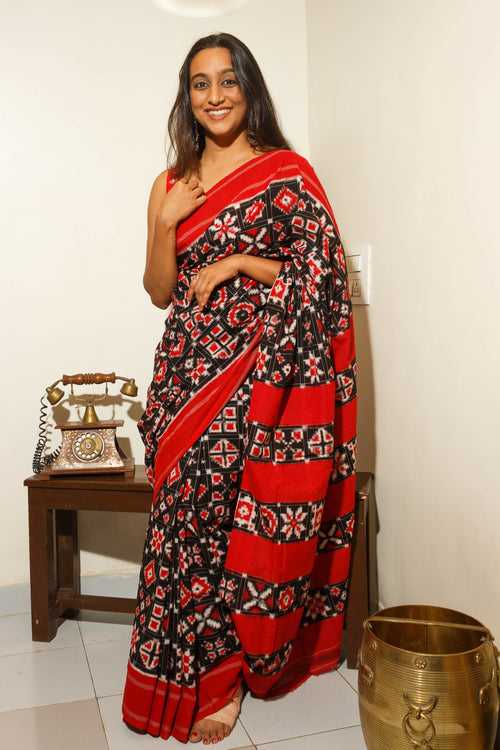 12 Motif Black with Red and White Telia Saree