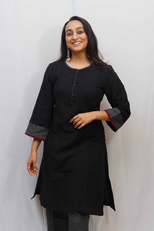 Black Kalacotton Plain and Checkered Kurta