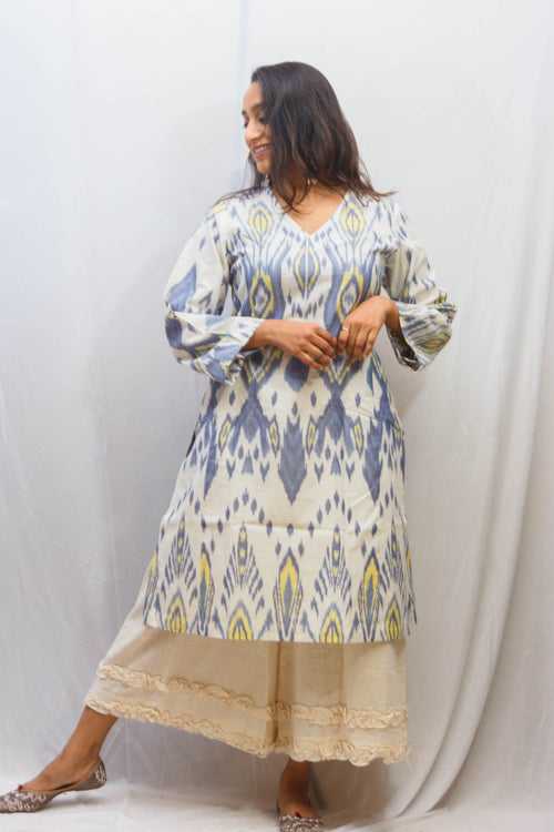 Yellow and Indigo Uzbek Ikat kurta