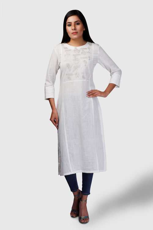 White Soft Khadi with Silver Embroidery Kurta