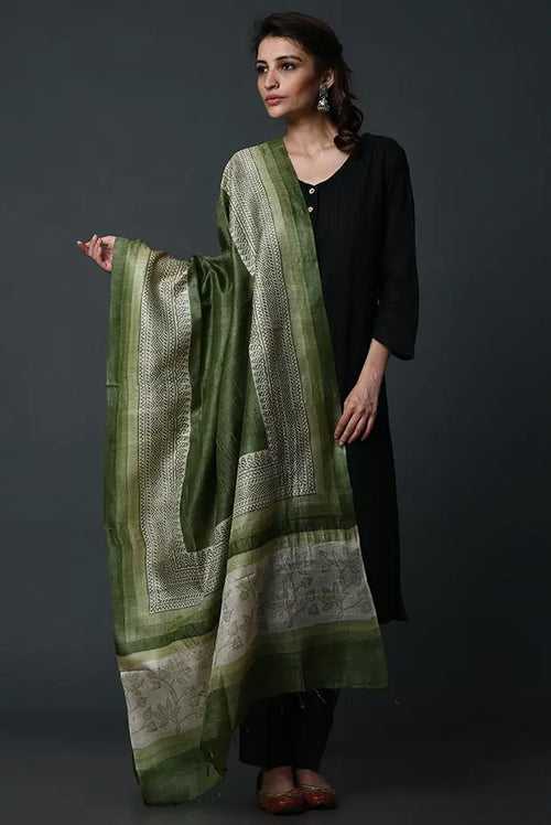 Green handpainted tussar silk dupatta