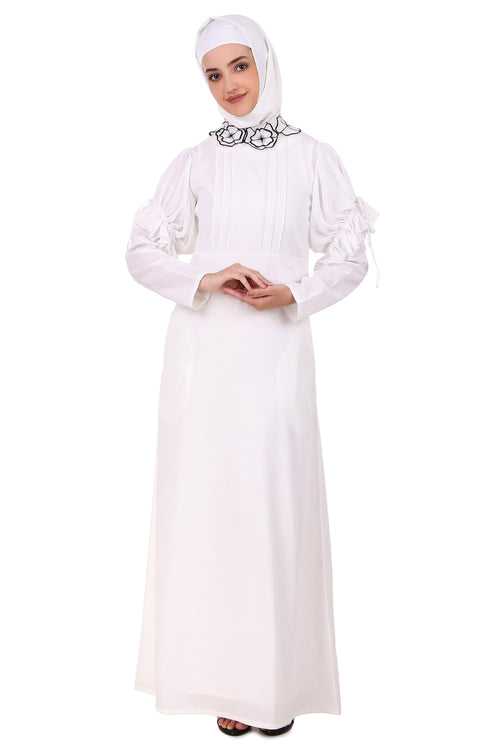 Embroidered Floral Neck White Abaya