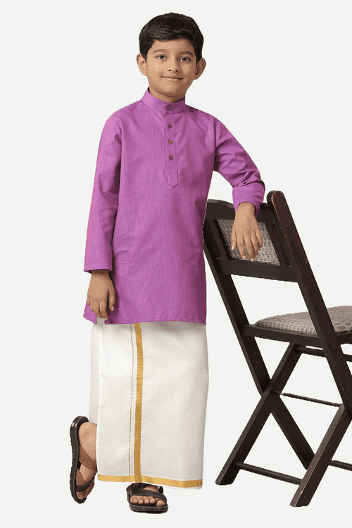 UATHAYAM Exotic Cotton Rich Full Sleeve Solid Regular Fit Kids Kurta + Dhoti 2 In 1 Set (Dark Lavender)