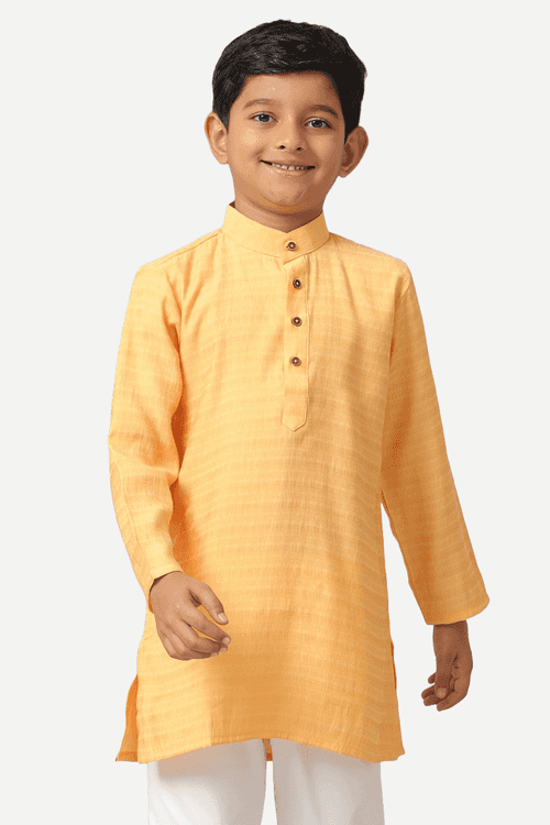 UATHAYAM Poly Slub Shining Star Kurta  Full Sleeve Solid Regular Fit For Kids (Light Orange)