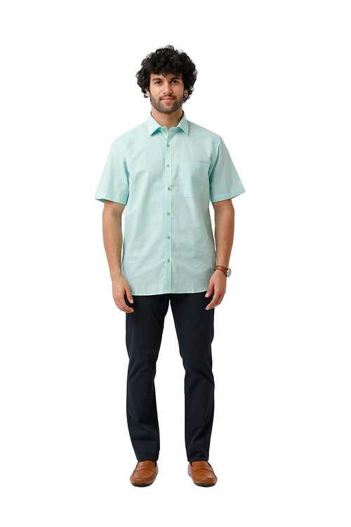 Ariser Jute Classic Greenish Blue 100% Cotton Half Sleeve Solid Smart Fit Formal Shirt For Men