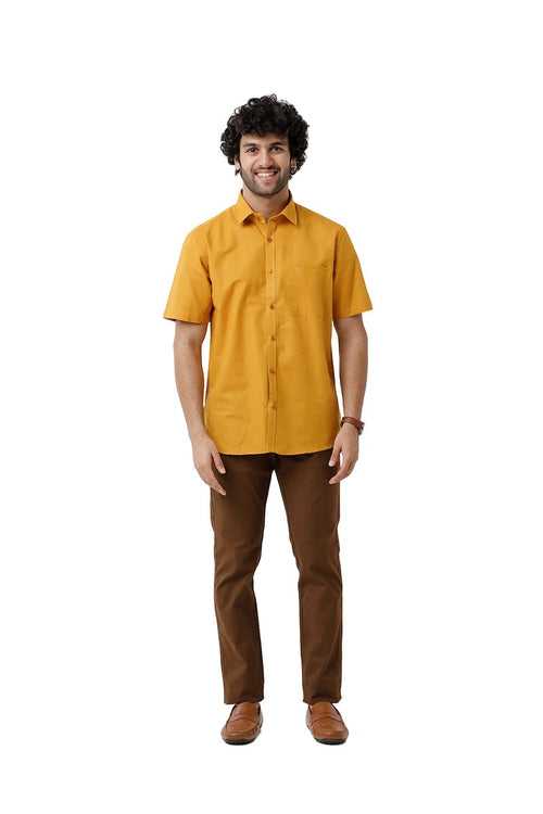 Ariser Jute Classic Mustard Yellow 100% Cotton Half Sleeve Solid Smart Fit Formal Shirt For Men