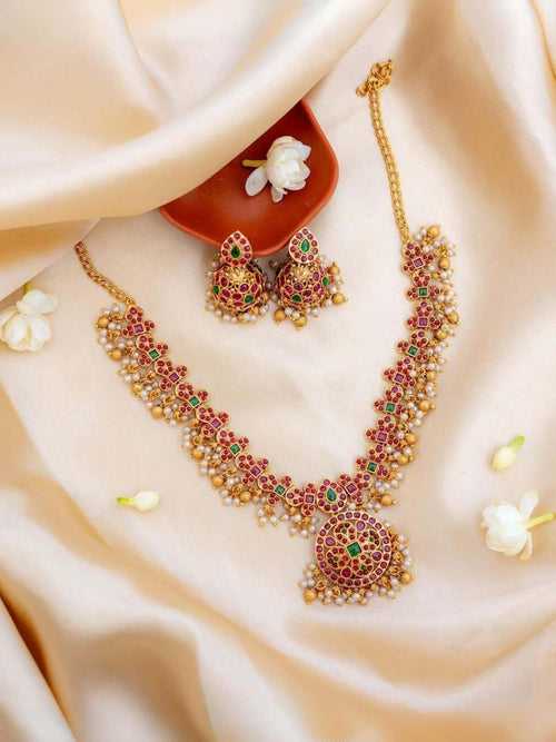 Gold Plated Gorgeous Red Green Designed Traditional Jewellery Set