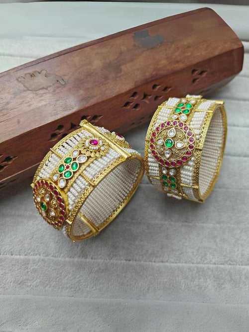 Gold Plated Pearls Openable Jadau Bangles